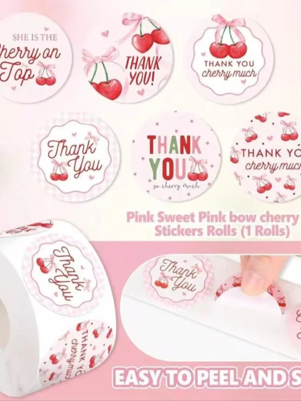 500pcs/Roll Cute Pink Cherry Thank You Self-Adhesive Stickers